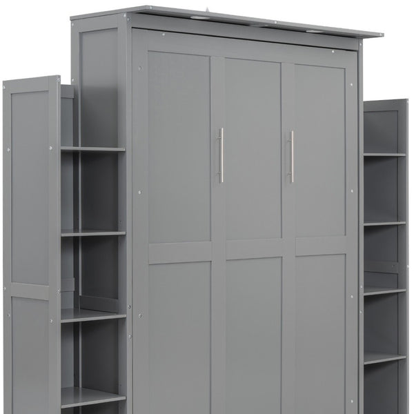 HomeRoots Gray Wood Full Murphy Bed with LED Lighting & USB - Stylish Space-Saving Design for Modern Living 596542