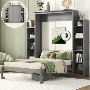 HomeRoots Gray Wood Full Murphy Bed with LED Lighting & USB - Stylish Space-Saving Design for Modern Living 596542