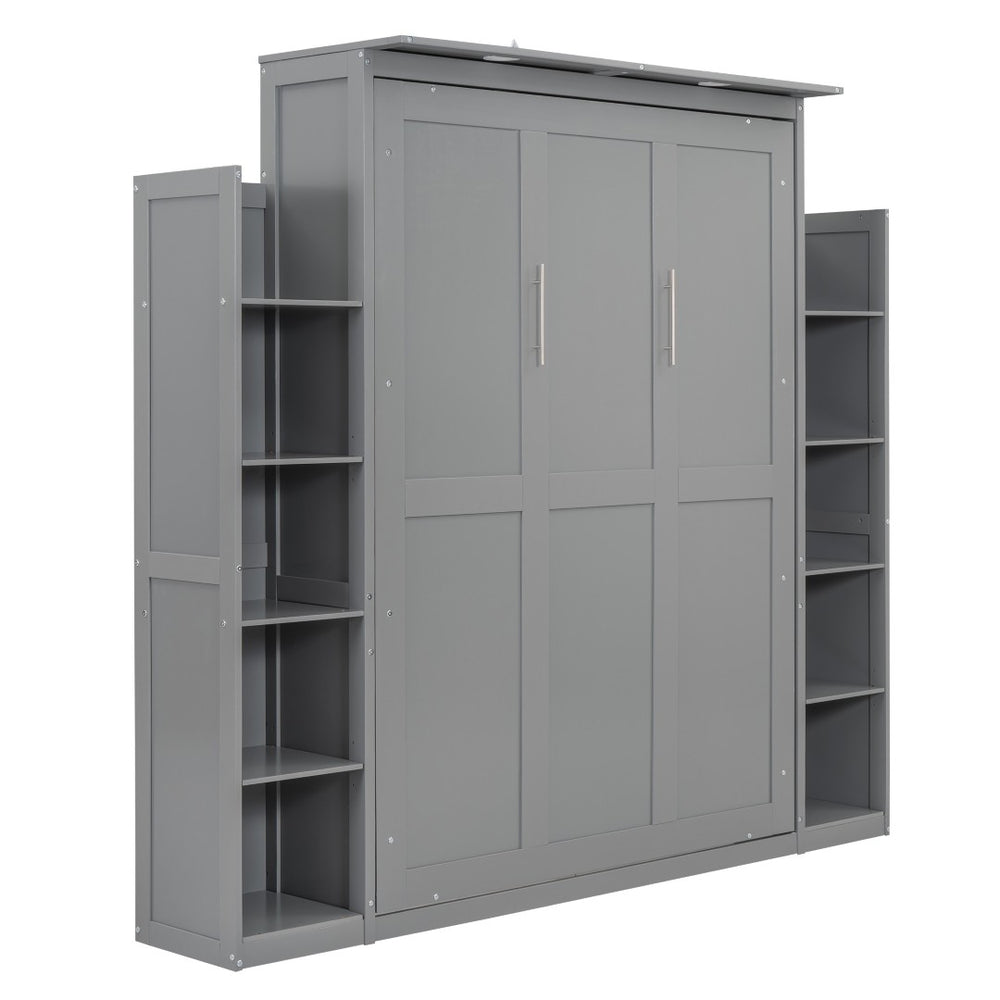 HomeRoots Gray Wood Full Murphy Bed with LED Lighting & USB - Stylish Space-Saving Design for Modern Living 596542