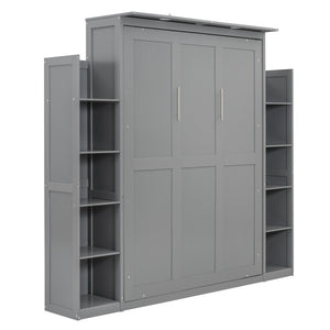 HomeRoots Gray Wood Full Murphy Bed with LED Lighting & USB - Stylish Space-Saving Design for Modern Living 596542