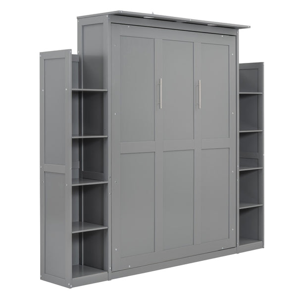 HomeRoots Gray Wood Full Murphy Bed with LED Lighting & USB - Stylish Space-Saving Design for Modern Living 596542
