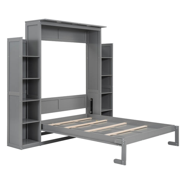 HomeRoots Gray Wood Full Murphy Bed with LED Lighting & USB - Stylish Space-Saving Design for Modern Living 596542