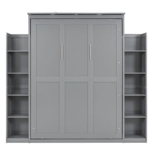 HomeRoots Gray Wood Full Murphy Bed with LED Lighting & USB - Stylish Space-Saving Design for Modern Living 596542