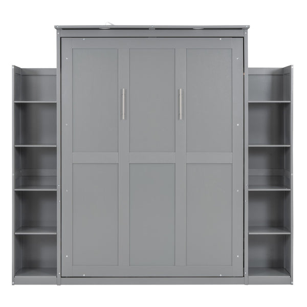 HomeRoots Gray Wood Full Murphy Bed with LED Lighting & USB - Stylish Space-Saving Design for Modern Living 596542