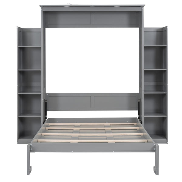 HomeRoots Gray Wood Full Murphy Bed with LED Lighting & USB - Stylish Space-Saving Design for Modern Living 596542
