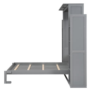 HomeRoots Gray Wood Full Murphy Bed with LED Lighting & USB - Stylish Space-Saving Design for Modern Living 596542