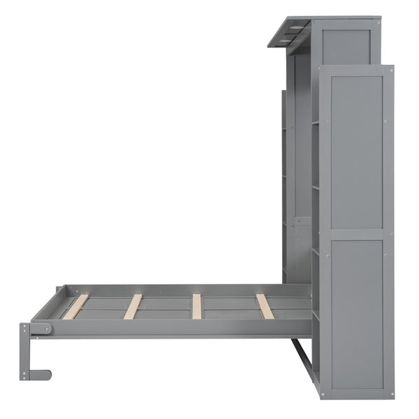 HomeRoots Gray Wood Full Murphy Bed with LED Lighting & USB - Stylish Space-Saving Design for Modern Living 596542