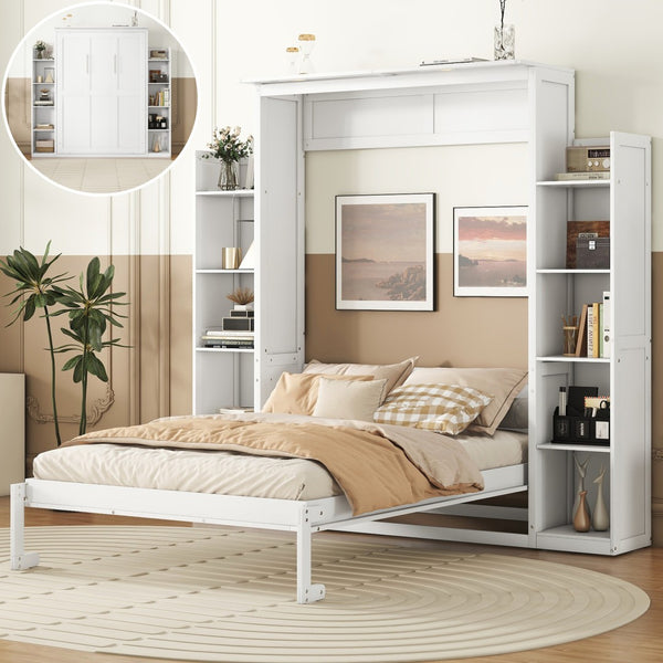 HomeRoots White Wood Full Murphy Bed with Built-In USB Port, LED Lighting & Space-Saving Cabinet Design 596543