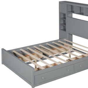 HomeRoots Gray Wood Queen Bed Frame with USB Charging, Under-Bed Storage Drawer, and Modern Design Elements 596544