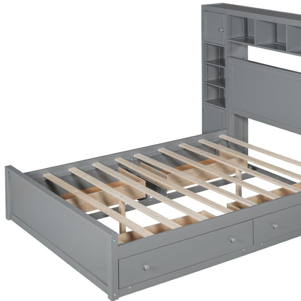 HomeRoots Gray Wood Queen Bed Frame with USB Charging, Under-Bed Storage Drawer, and Modern Design Elements 596544