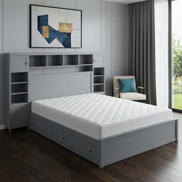 HomeRoots Gray Wood Queen Bed Frame with USB Charging, Under-Bed Storage Drawer, and Modern Design Elements 596544
