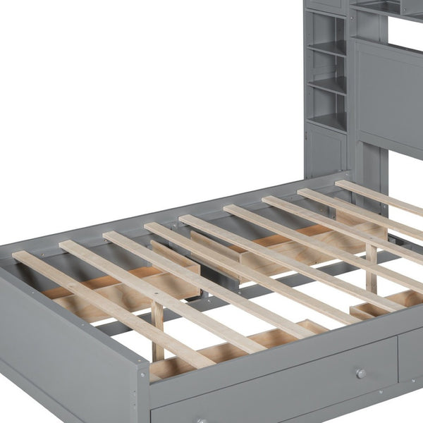 HomeRoots Gray Wood Queen Bed Frame with USB Charging, Under-Bed Storage Drawer, and Modern Design Elements 596544
