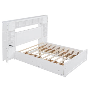 HomeRoots White Wood Queen Bed Frame with USB Charging, Integrated Storage Drawer, and Modern Design 596545