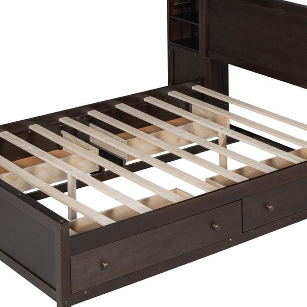 HomeRoots Espresso Queen Bed Frame with USB Charging, Built-in Drawer, Stylish Storage & Supportive Slats 596546