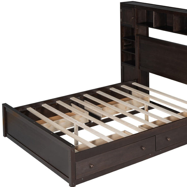 HomeRoots Espresso Queen Bed Frame with USB Charging, Built-in Drawer, Stylish Storage & Supportive Slats 596546