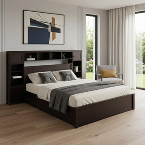 HomeRoots Espresso Queen Bed Frame with USB Charging, Built-in Drawer, Stylish Storage & Supportive Slats 596546