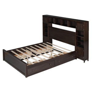 HomeRoots Espresso Queen Bed Frame with USB Charging, Built-in Drawer, Stylish Storage & Supportive Slats 596546