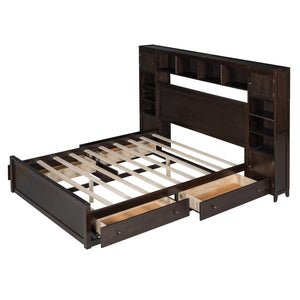 HomeRoots Espresso Queen Bed Frame with USB Charging, Built-in Drawer, Stylish Storage & Supportive Slats 596546