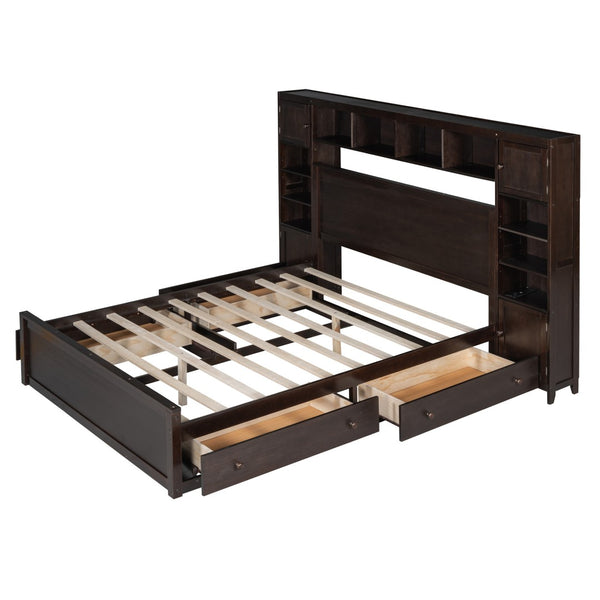 HomeRoots Espresso Queen Bed Frame with USB Charging, Built-in Drawer, Stylish Storage & Supportive Slats 596546