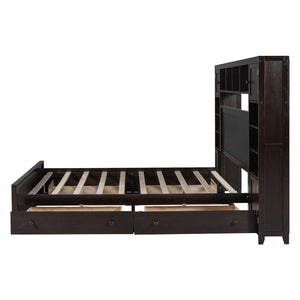 HomeRoots Espresso Queen Bed Frame with USB Charging, Built-in Drawer, Stylish Storage & Supportive Slats 596546