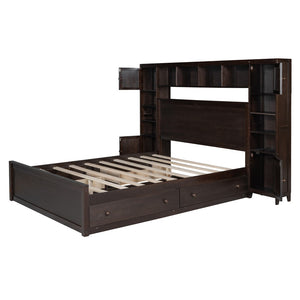HomeRoots Espresso Queen Bed Frame with USB Charging, Built-in Drawer, Stylish Storage & Supportive Slats 596546