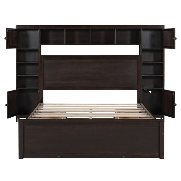 HomeRoots Espresso Queen Bed Frame with USB Charging, Built-in Drawer, Stylish Storage & Supportive Slats 596546