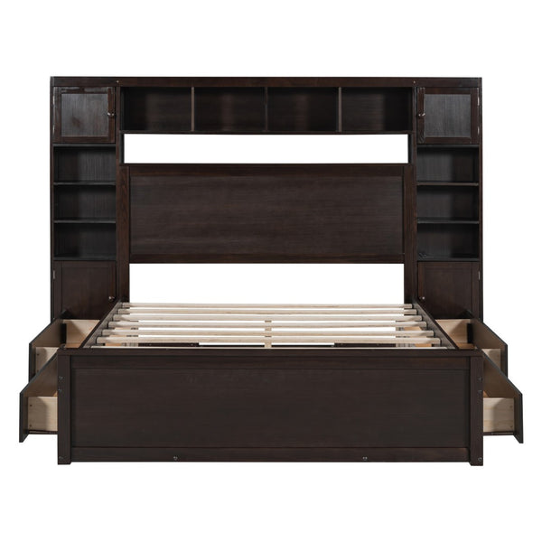 HomeRoots Espresso Queen Bed Frame with USB Charging, Built-in Drawer, Stylish Storage & Supportive Slats 596546