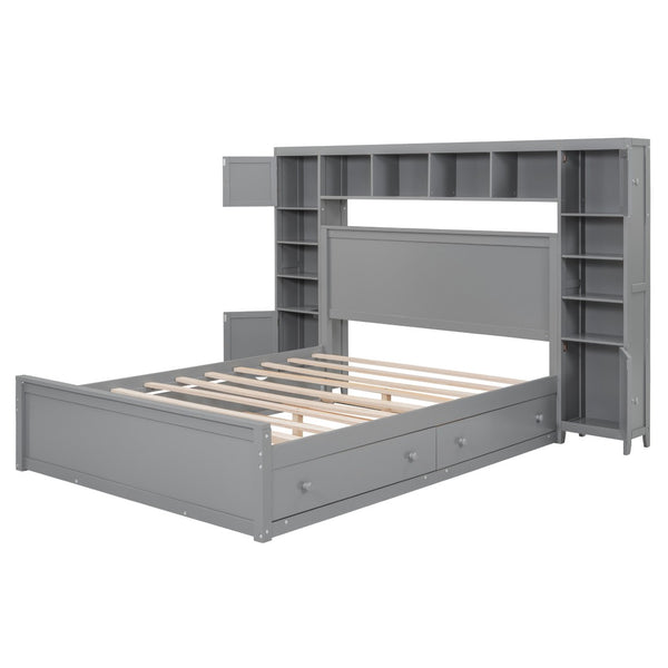 HomeRoots Gray Wood Queen Bed Frame with Trundle & Built-in Drawers for Stylish, Organized Bedrooms Today! 596549