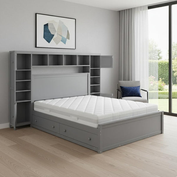 HomeRoots Gray Wood Queen Bed Frame with Trundle & Built-in Drawers for Stylish, Organized Bedrooms Today! 596549