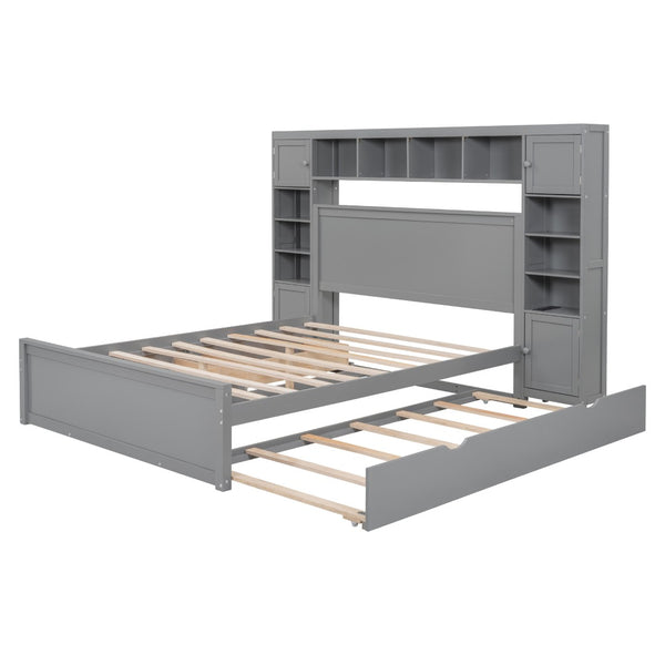 HomeRoots Gray Wood Queen Bed Frame with Trundle & Built-in Drawers for Stylish, Organized Bedrooms Today! 596549
