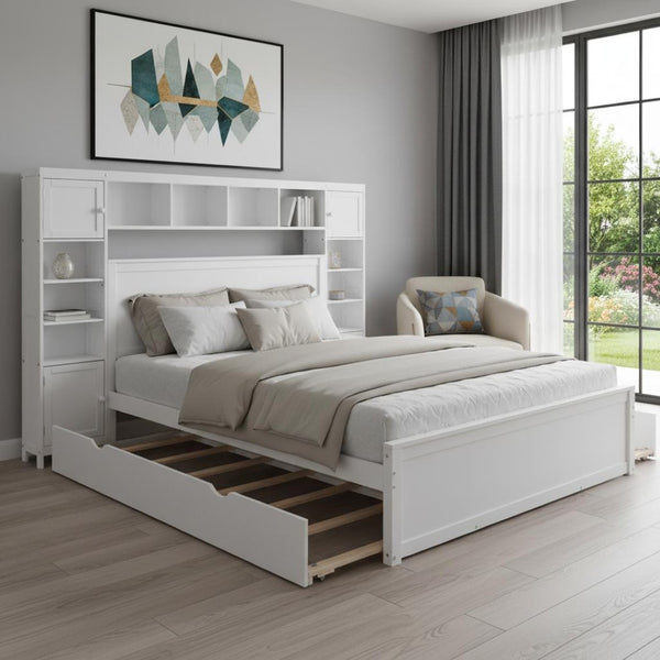 HomeRoots White Wood Queen Bed Frame with Trundle, Storage Drawers & Modern Design for Ultimate Comfort 596550