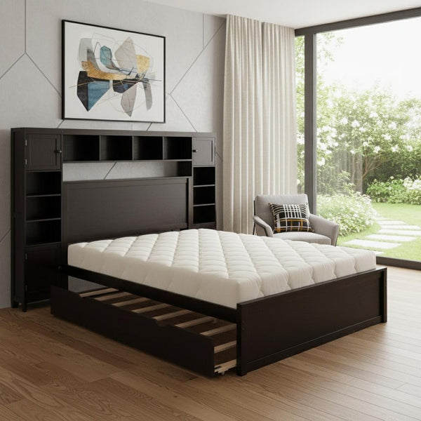 HomeRoots Espresso Queen Bed Frame with Trundle, Drawers & Sturdy Slats for Modern Storage Solutions 596551