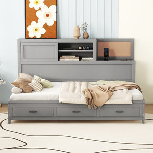 HomeRoots Gray Wood Full Day Bed with Storage Drawers - Stylish, Versatile Design for Any Room or Office Space 596556