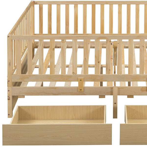 HomeRoots Natural Wood Full Day Bed with Under-bed Storage Drawers – Modern, Versatile Design for Any Space 596563