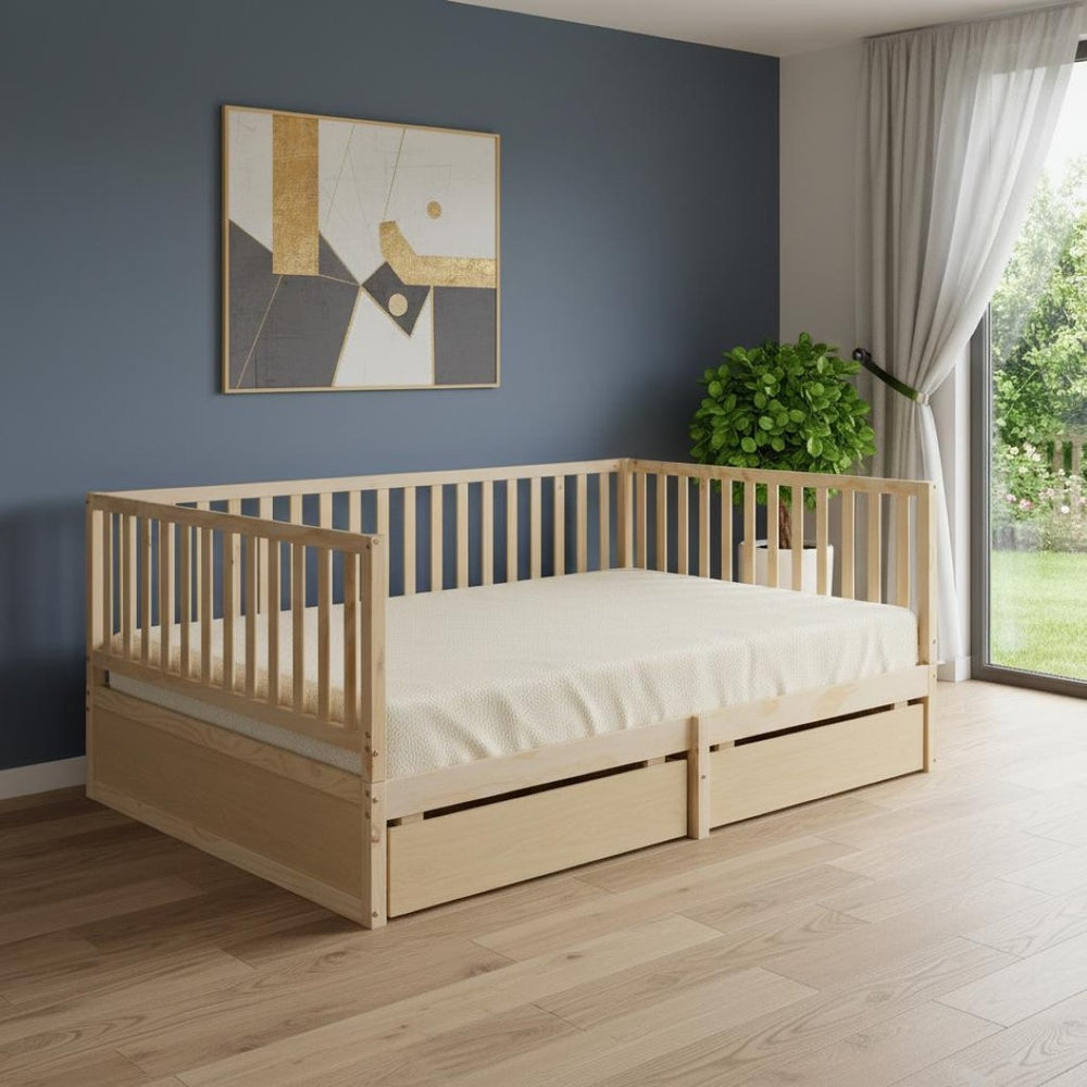 HomeRoots Natural Wood Full Day Bed with Under-bed Storage Drawers – Modern, Versatile Design for Any Space 596563
