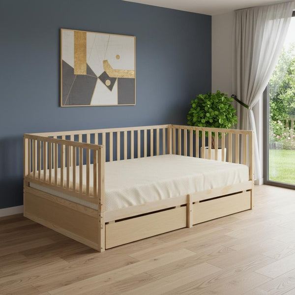 HomeRoots Natural Wood Full Day Bed with Under-bed Storage Drawers – Modern, Versatile Design for Any Space 596563