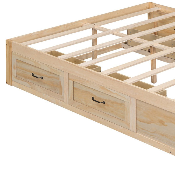 HomeRoots Natural Wood Full Bed Frame with Under-Bed Drawers, Modern Design for Stylish Bedroom Storage 596572