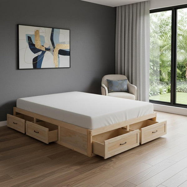 HomeRoots Natural Wood Full Bed Frame with Under-Bed Drawers, Modern Design for Stylish Bedroom Storage 596572