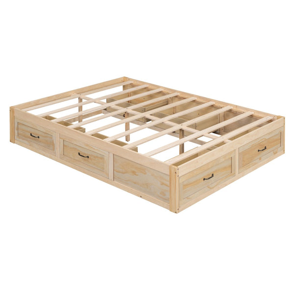 HomeRoots Natural Wood Full Bed Frame with Under-Bed Drawers, Modern Design for Stylish Bedroom Storage 596572