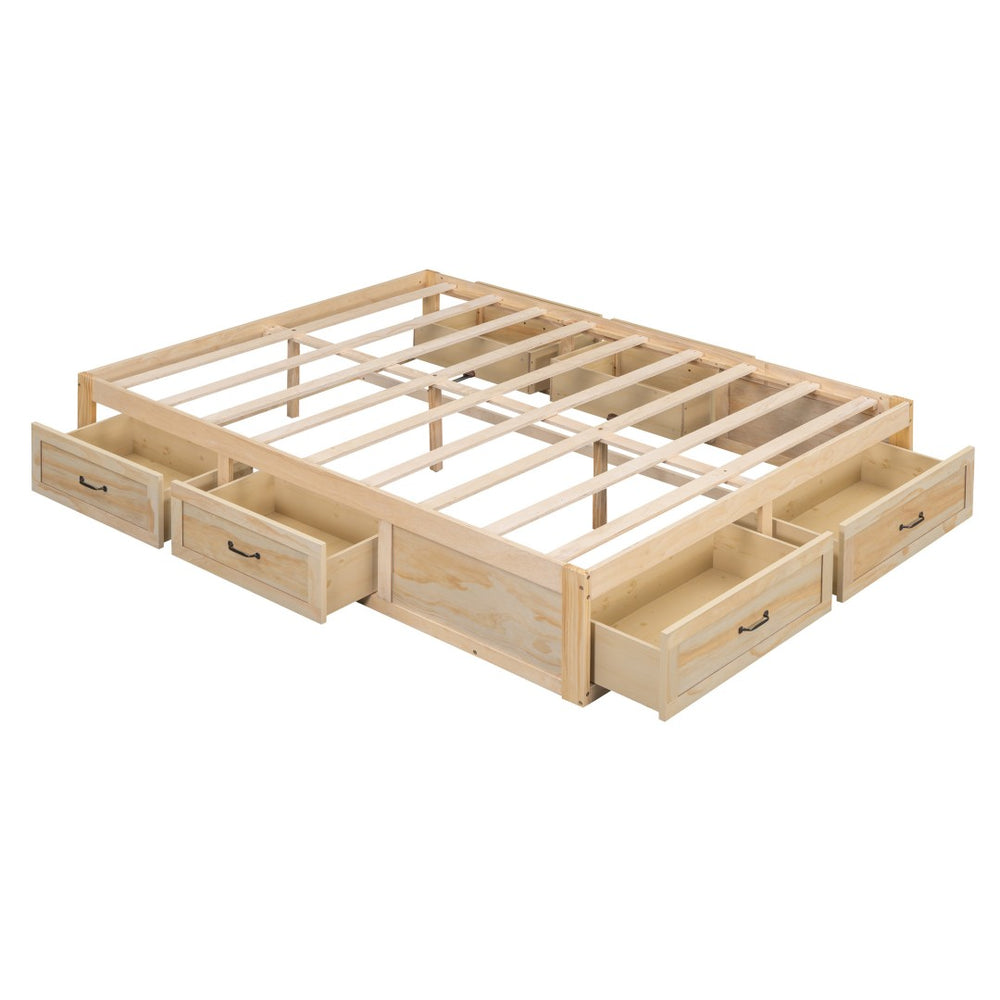 HomeRoots Natural Wood Full Bed Frame with Under-Bed Drawers, Modern Design for Stylish Bedroom Storage 596572