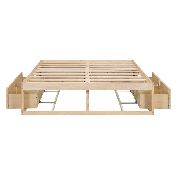 HomeRoots Natural Wood Full Bed Frame with Under-Bed Drawers, Modern Design for Stylish Bedroom Storage 596572