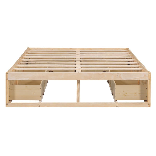 HomeRoots Natural Wood Full Bed Frame with Under-Bed Drawers, Modern Design for Stylish Bedroom Storage 596572