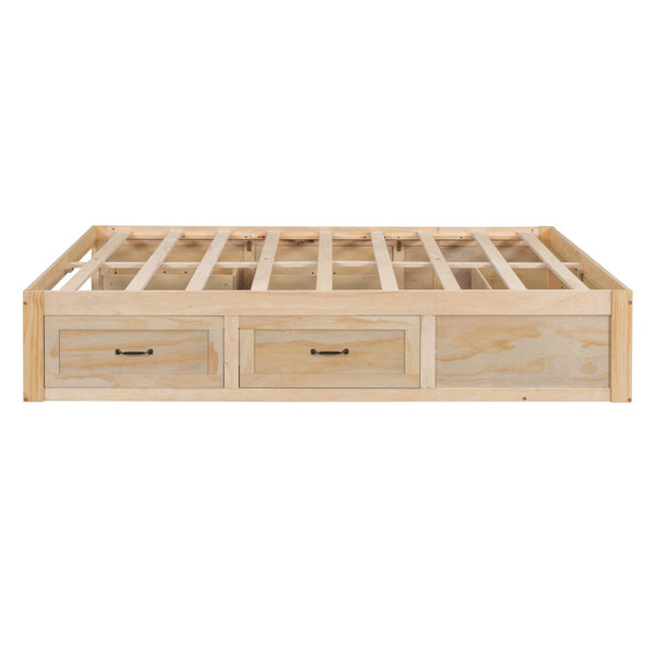 HomeRoots Natural Wood Full Bed Frame with Under-Bed Drawers, Modern Design for Stylish Bedroom Storage 596572