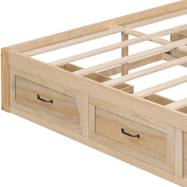 HomeRoots Natural Wood Full Bed Frame with Under-Bed Drawers, Modern Design for Stylish Bedroom Storage 596572