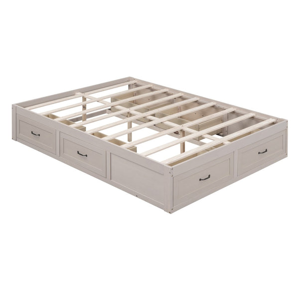 HomeRoots Antiqued White Wood Full Bed Frame with Built-In Storage Drawers for a Stylish Sleep Sanctuary 596574