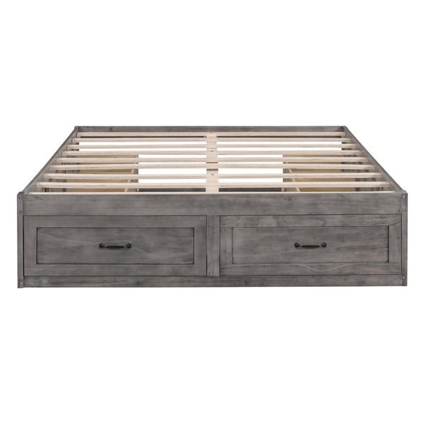 HomeRoots Ash Gray Wood Queen Bed Frame with Built-in Storage Drawers – Modern Platform Design for Comfort 596576