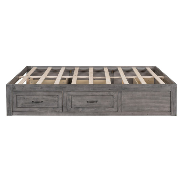 HomeRoots Ash Gray Wood Queen Bed Frame with Built-in Storage Drawers – Modern Platform Design for Comfort 596576