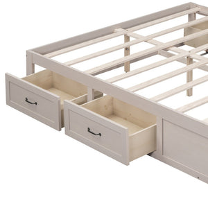 HomeRoots Antiqued White Wood Queen Bed Frame with Integrated Storage Drawers for a Stylish, Organized Bedroom 596577