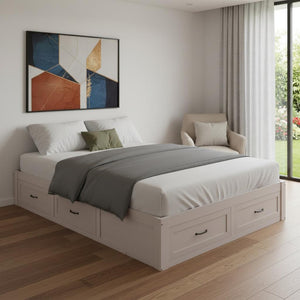 HomeRoots Antiqued White Wood Queen Bed Frame with Integrated Storage Drawers for a Stylish, Organized Bedroom 596577