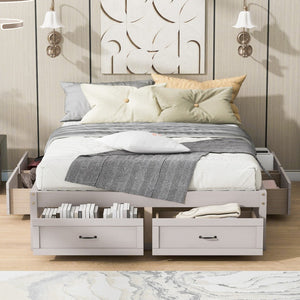HomeRoots Antiqued White Wood Queen Bed Frame with Integrated Storage Drawers for a Stylish, Organized Bedroom 596577